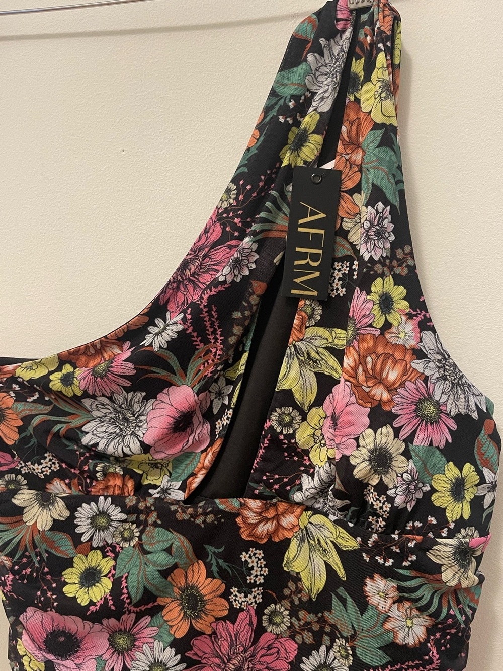 AFRM “Kim” Black One-Shoulder Floral Thong Bodysuit